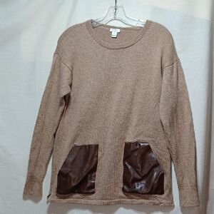 J. Crew Wool Sweater Tan Faux Leather Pockets Large